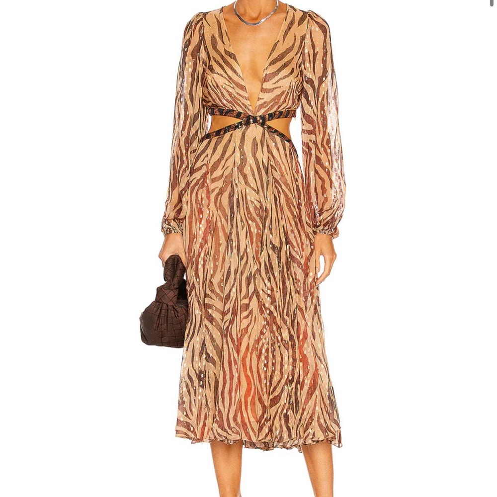 Rococo Sand Brown Tan Plunge Bishop Sleeve Sundress